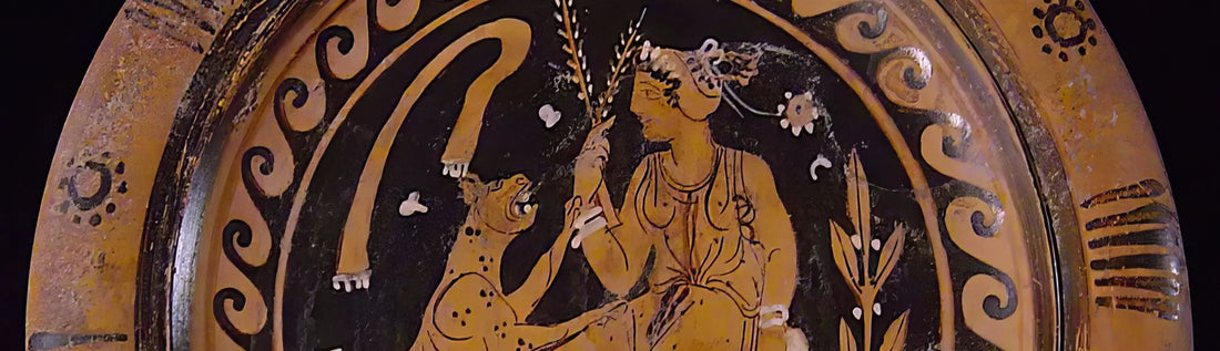 Ancient Greek pottery depicting a woman and a dog from southern Italy, the region also known as Magna Graecia